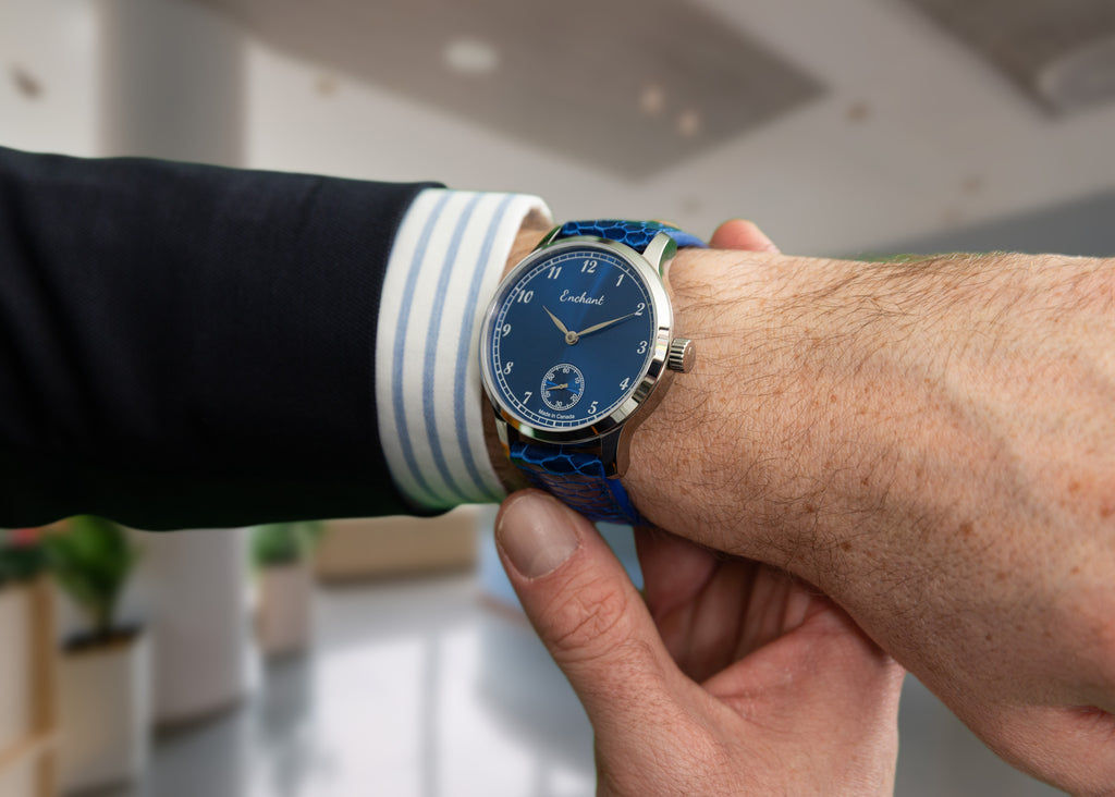 Enchant Watches Canadian Nord collection on the wrist, Navy Blue Voyageur