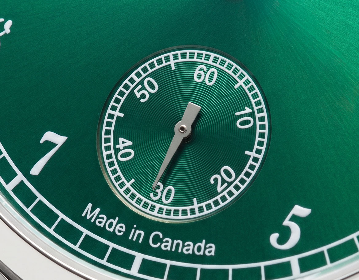 Forest Green small seconds at 6 o'clock close-up